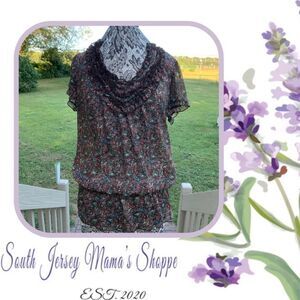 Size L Charlotte Russe Brown With Coral & Blue Wildflowers Blouse (C223)